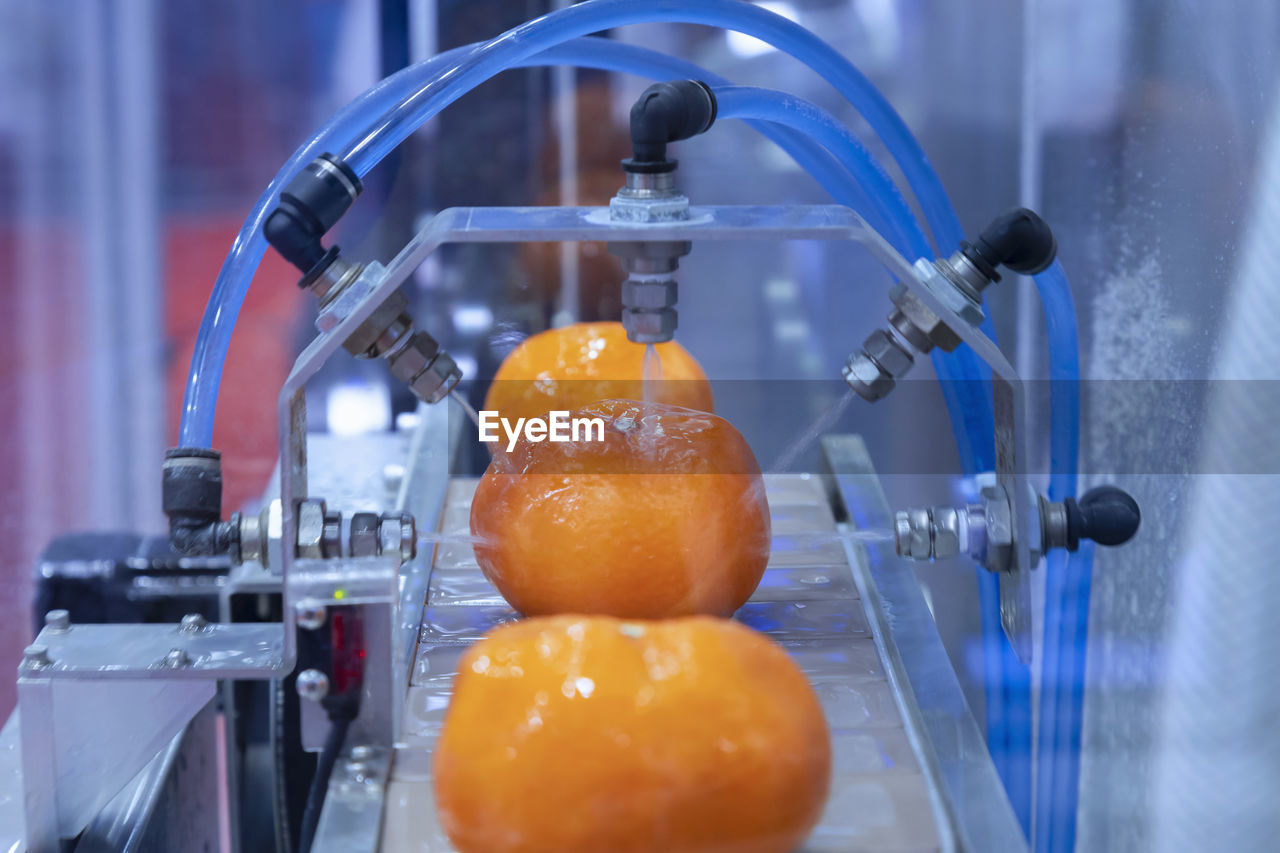 CLOSE-UP OF ORANGES ON METAL