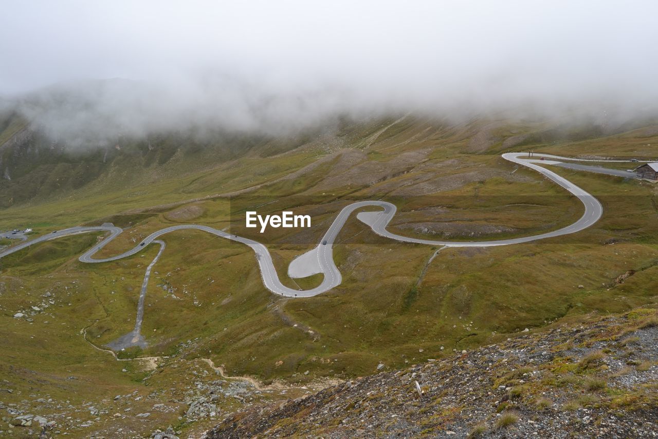 High angle view of curved mountain road