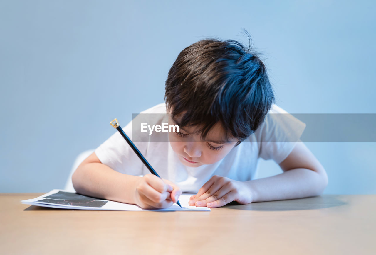 Cute boy studying at home