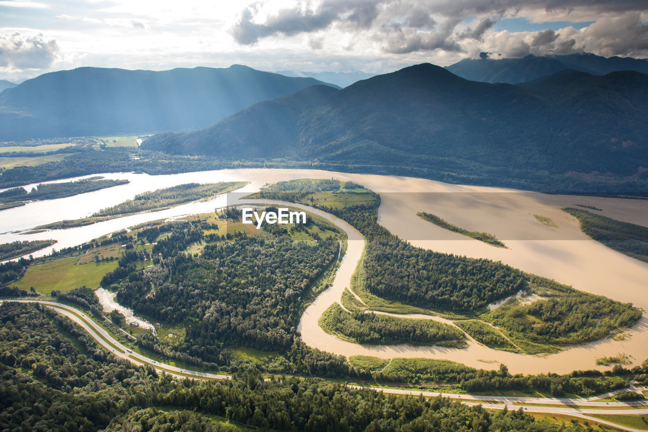 Trans canada highway and the fraser river in flood near hope, b.c.
