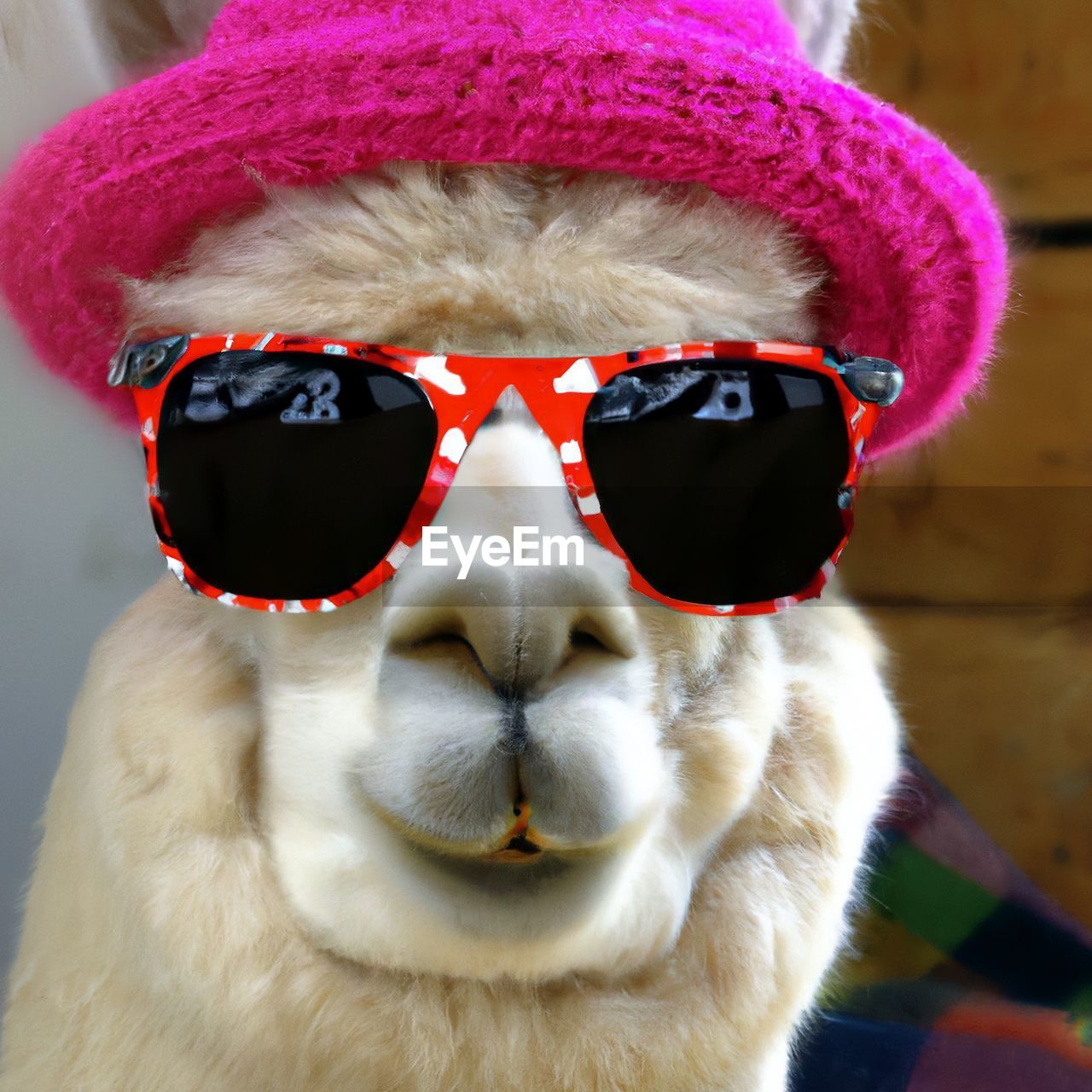 animal themes, glasses, animal, sunglasses, one animal, fashion, pink, portrait, mammal, humor, close-up, domestic animals, pet, looking at camera, stuffed toy, hat, fun, animal body part, vision care, goggles, headshot, clothing, nose, front view