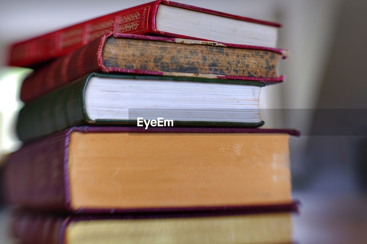 Close-up of stack of old hardcover books