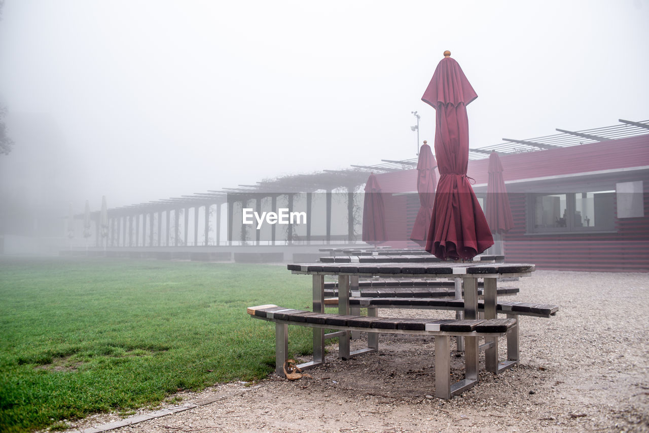 LIFEGUARD HUT ON FIELD DURING FOGGY WEATHER