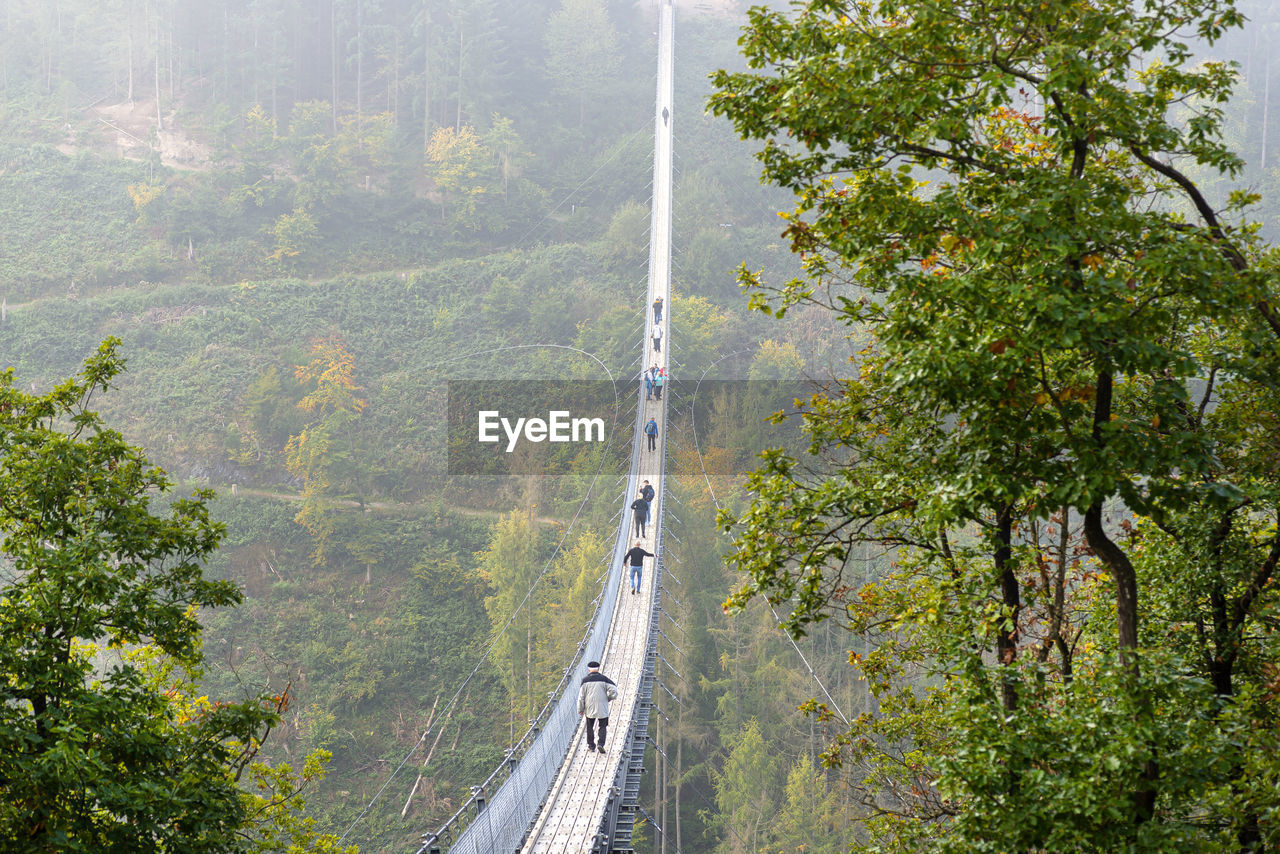 Suspension wooden bridge with steel ropes over a dense forest in west germany, visible tourists. 