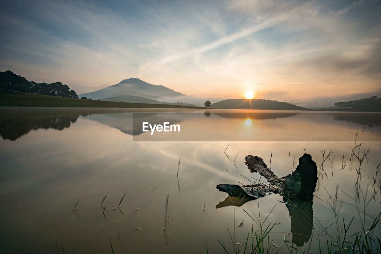 Scenic view of lake against sky during sunset