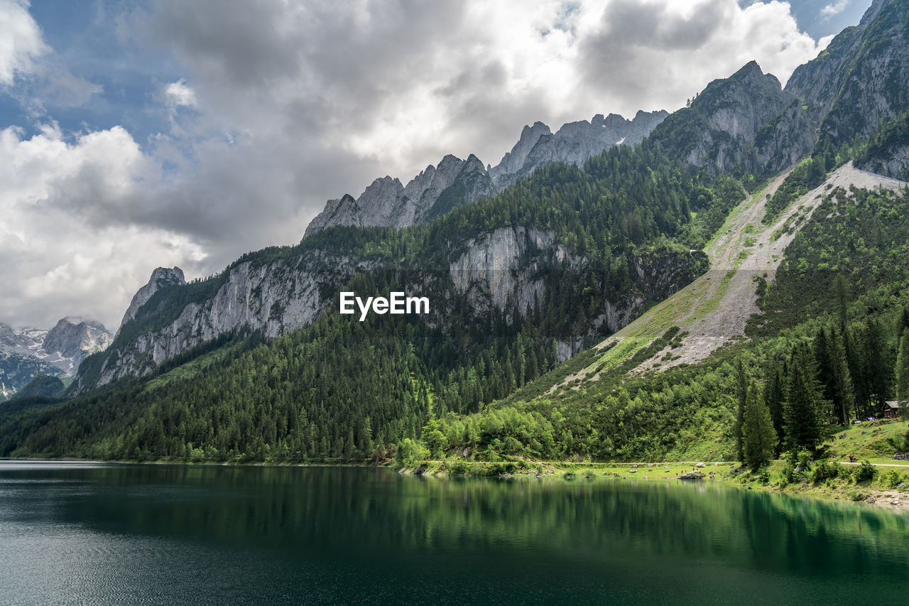 Scenic view of lake and mountains against sky