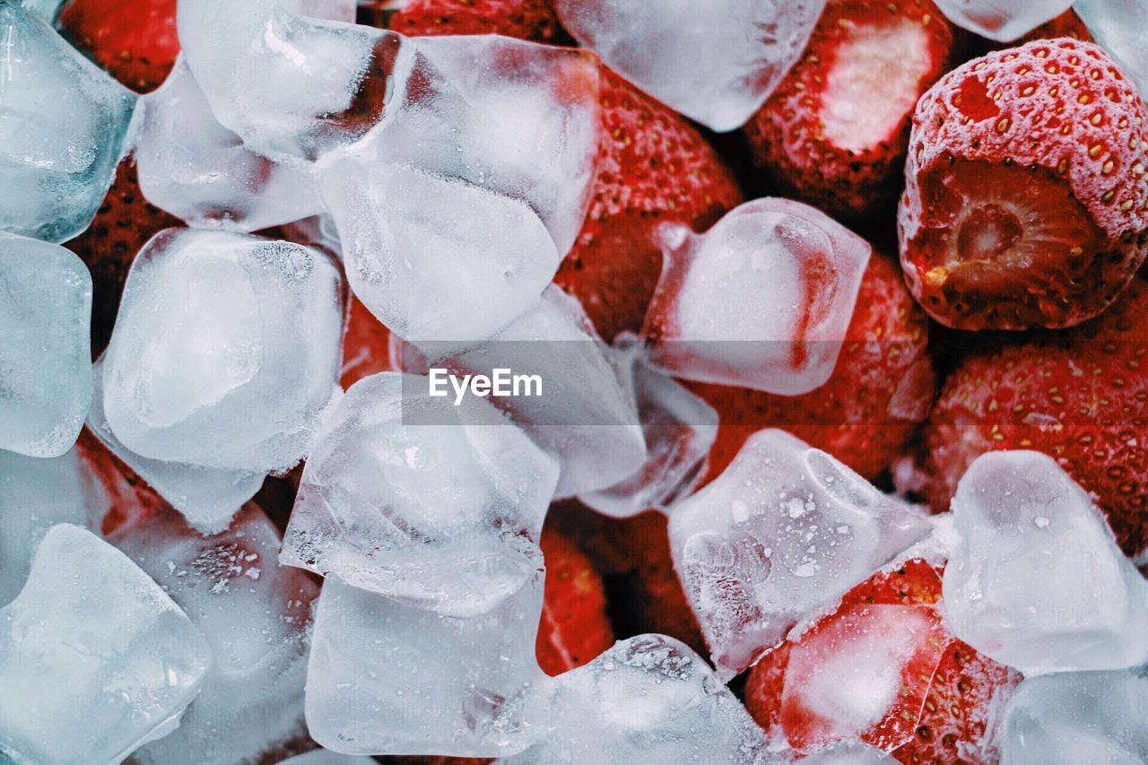 Close-up of strawberries and ice cubes