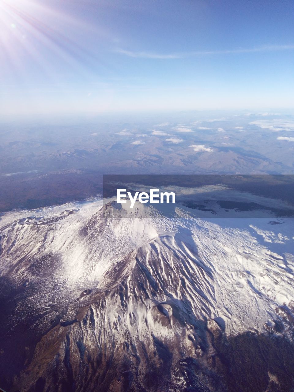 Aerial view of snowcapped mountains against sky