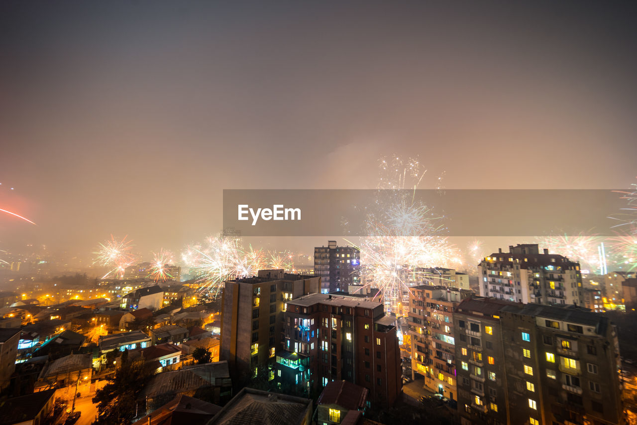 Fireworks at 00.00 at the midnight meeting new year in tbilisi city centre, georgia