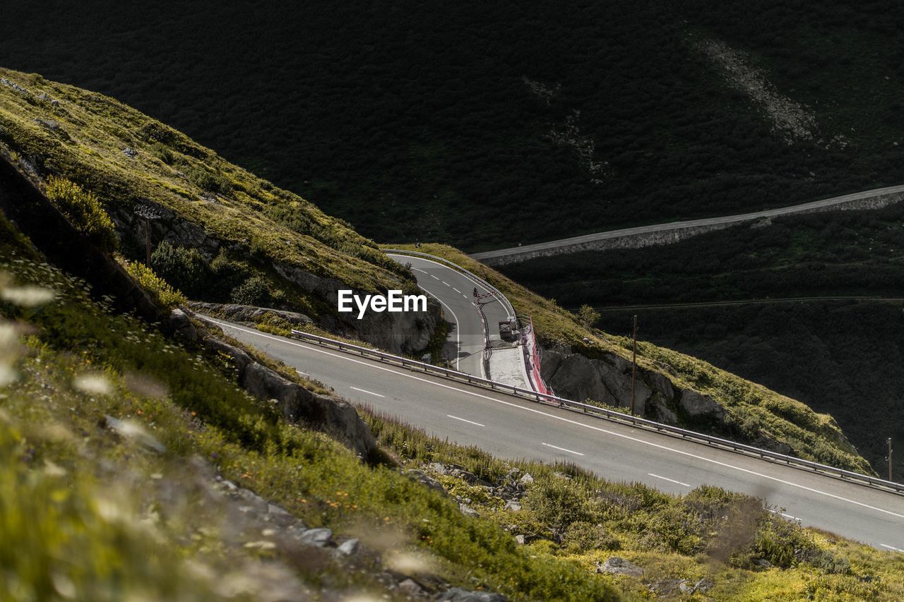 High angle view of highway by mountain