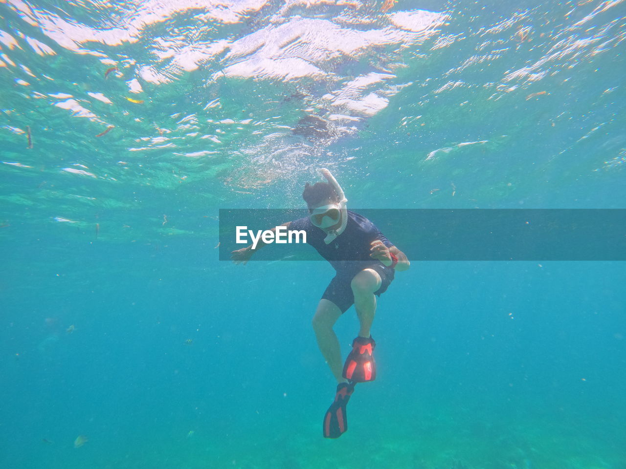 high angle view of man swimming in sea