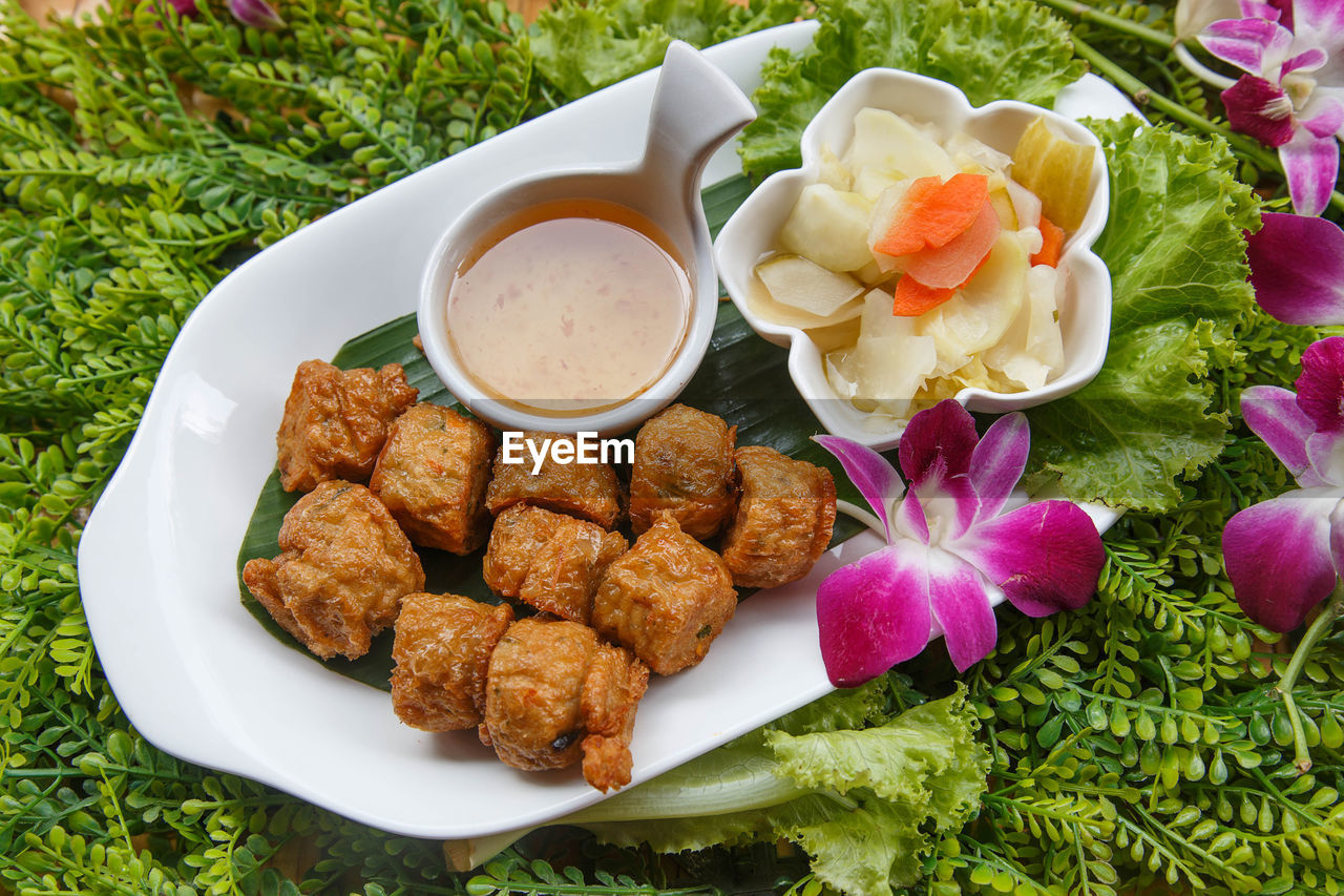 HIGH ANGLE VIEW OF SERVING FOOD IN PLATE