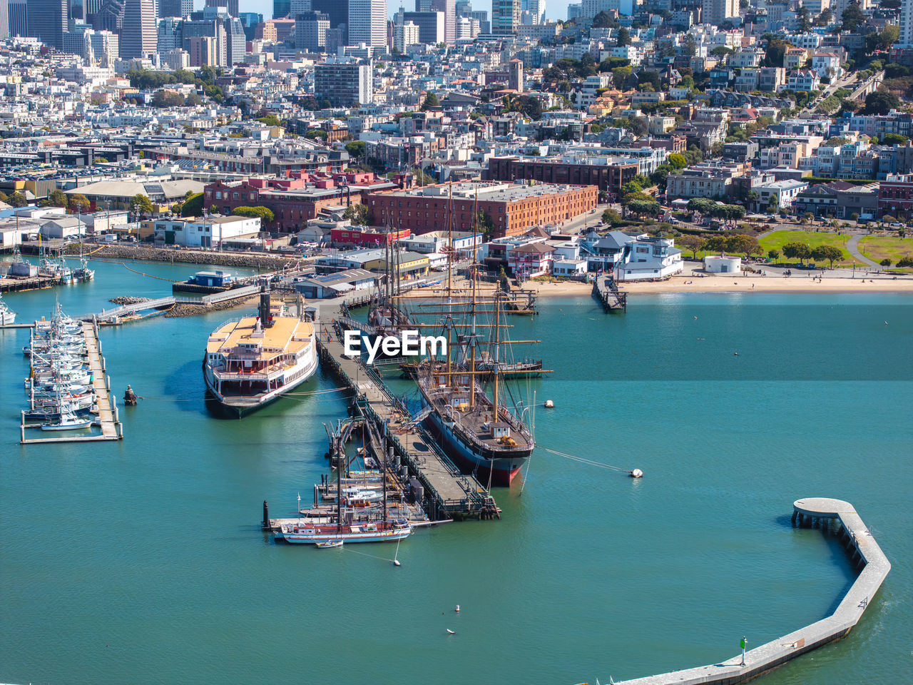 high angle view of boats moored at harbor