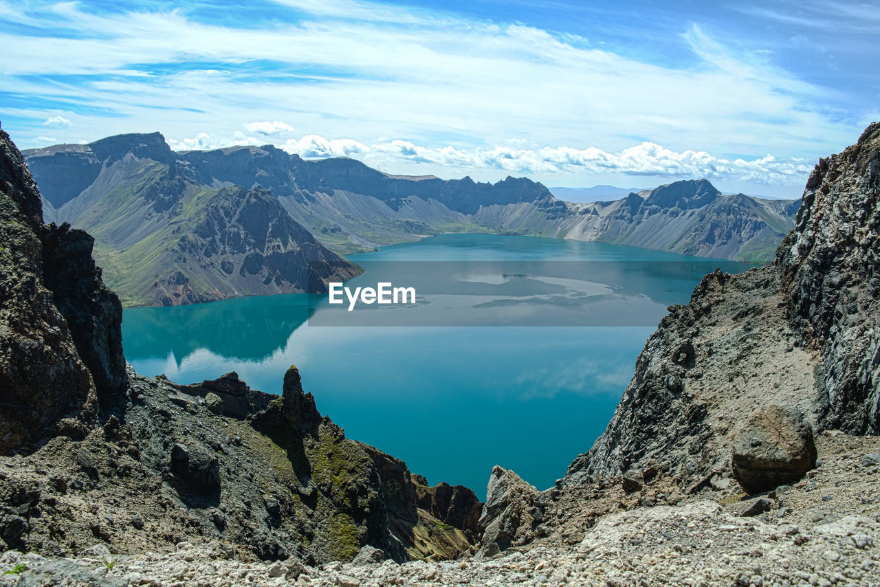 Panoramic view of lake and mountains against sky