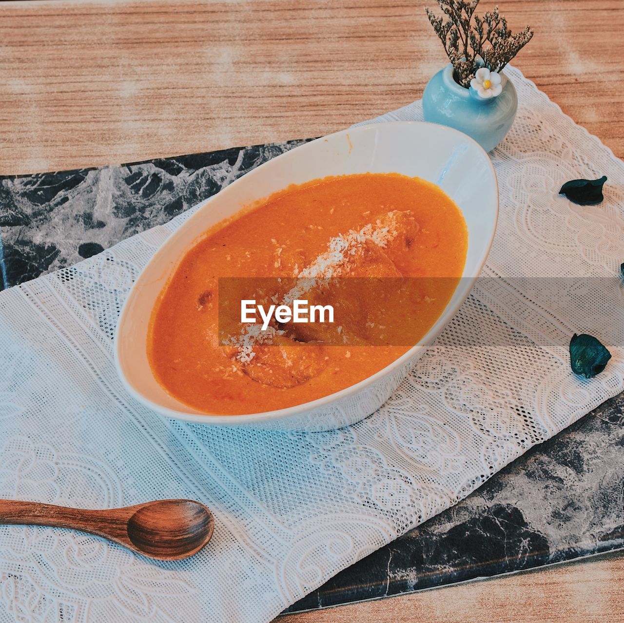 High angle view of soup in bowl on table