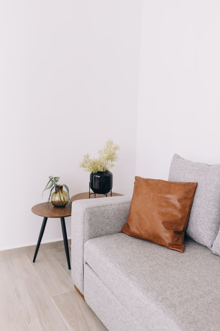 Grey couch with leather pillow and decorative plants on a side table, white background