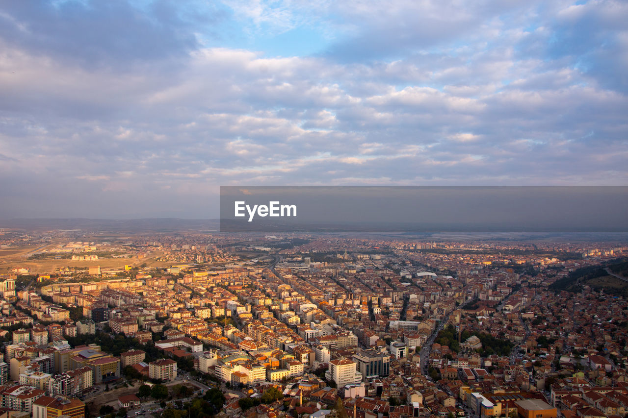 High angle shot of townscape against sky