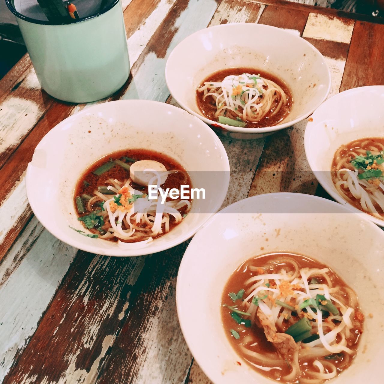 High angle view of boat noodles in bowl on table