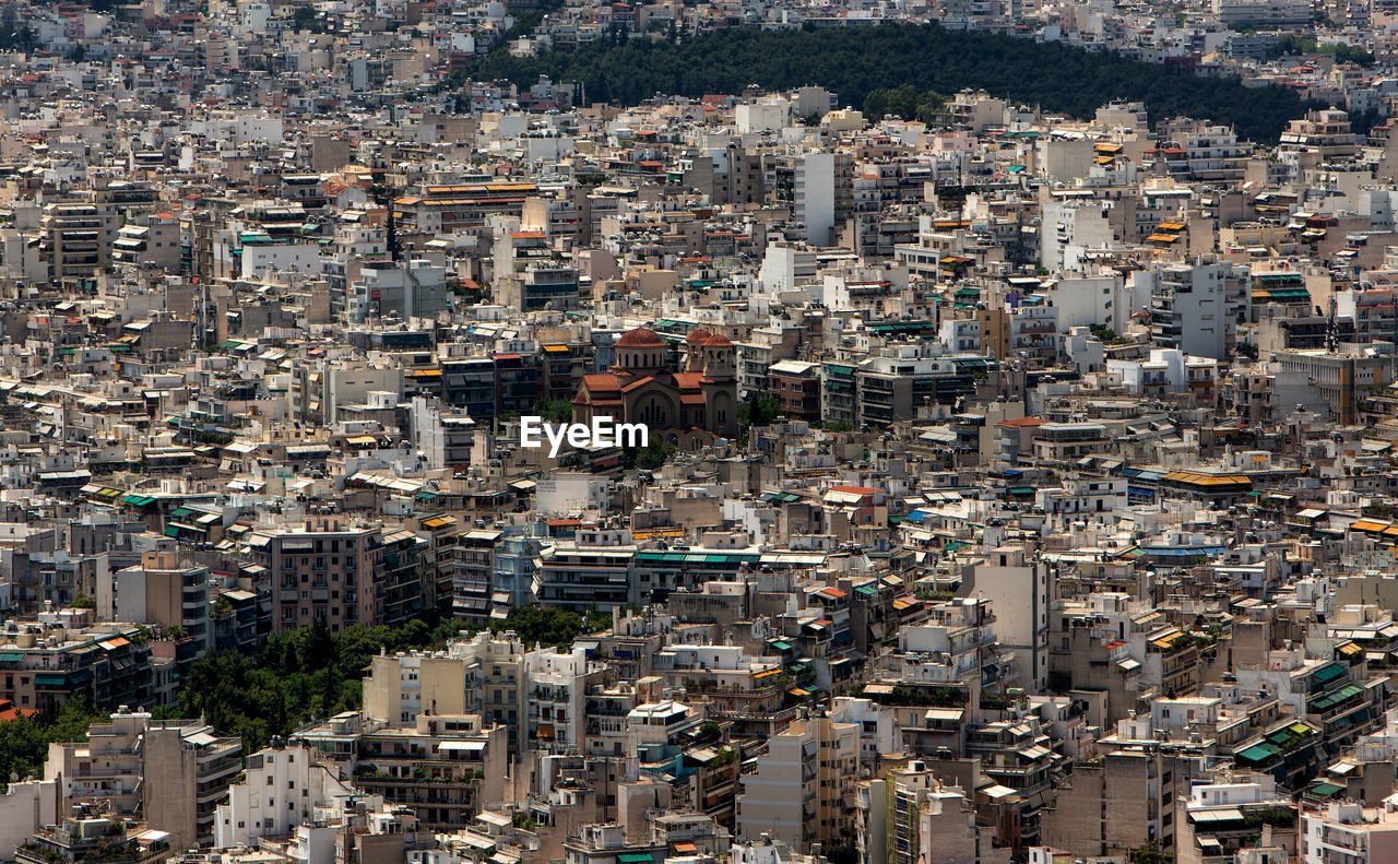 High angle view of city buildings