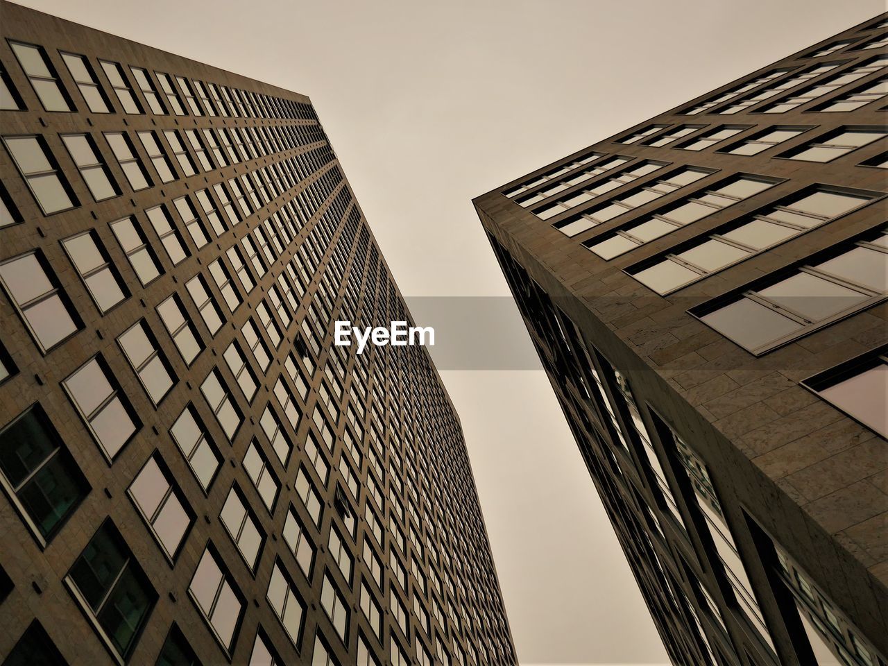 Low angle view between the skyscrapers in the financial district of frankfurt on a day in november. 