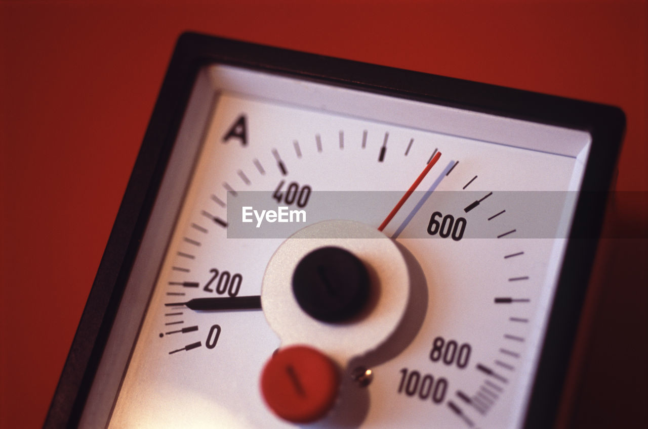 Close-up of ammeter on red background