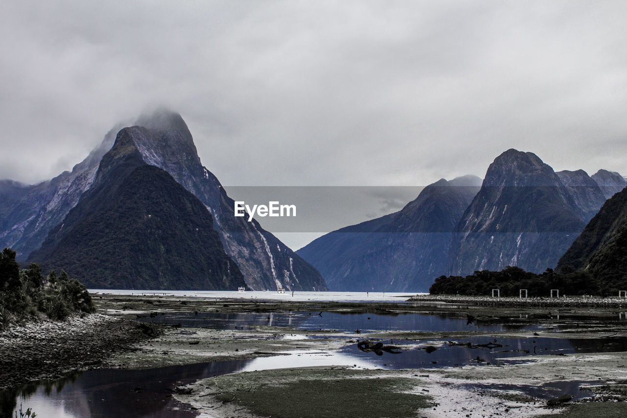 Scenic view of lake and snowcapped mountains against sky