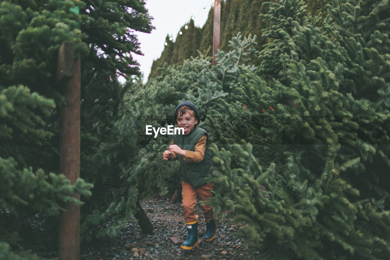 Boy running amidst plants