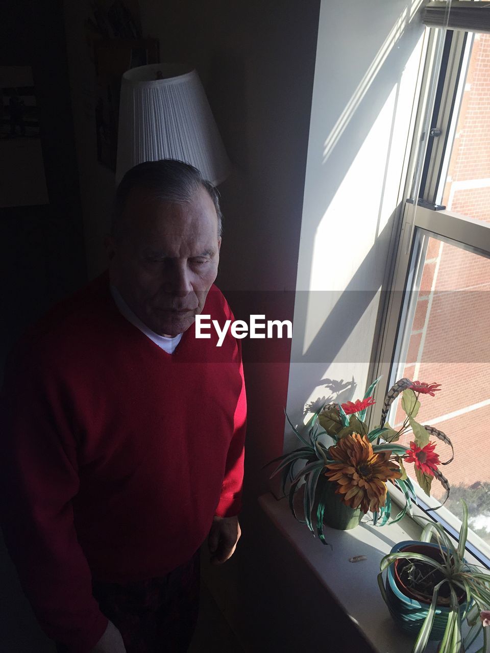 Senior man standing by window in apartment