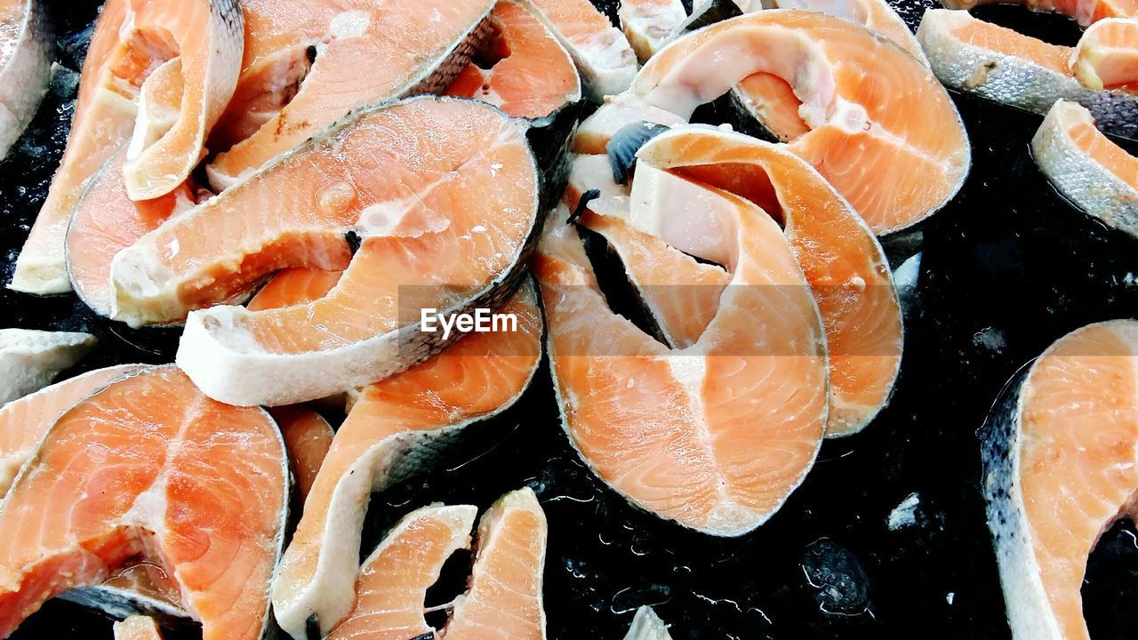 High angle view of fish slices