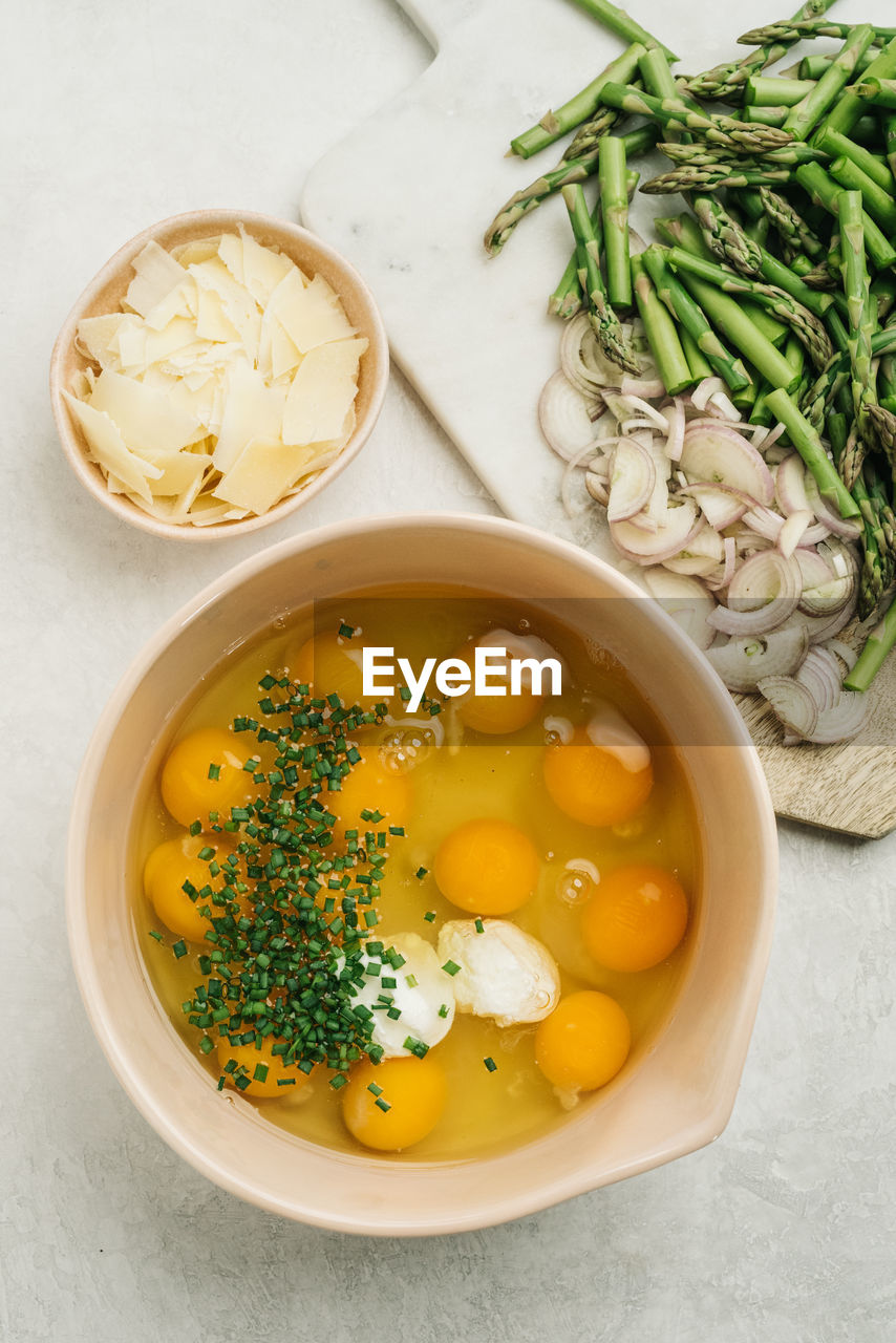 Frittata ingredients still life flatlay