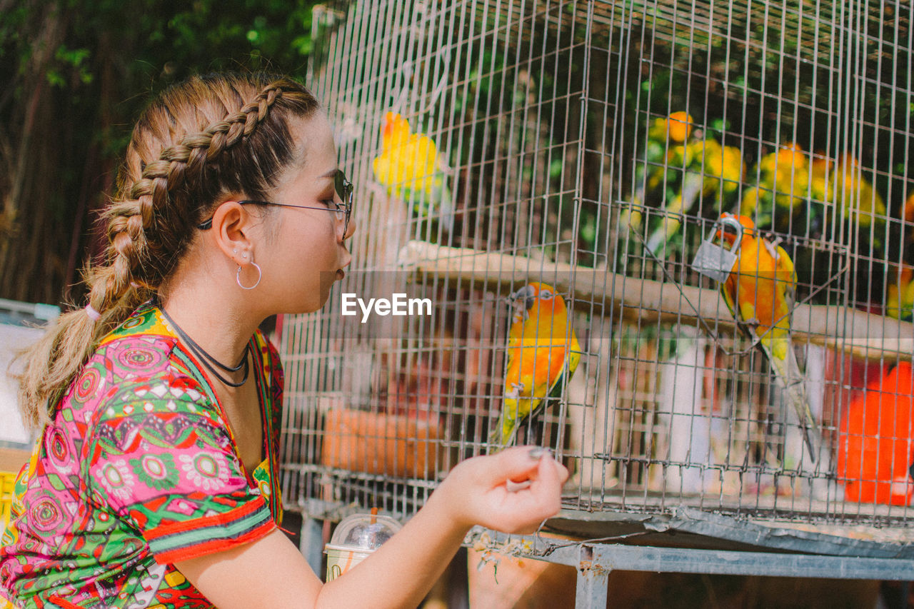 Side view of woman looking at birds in cage