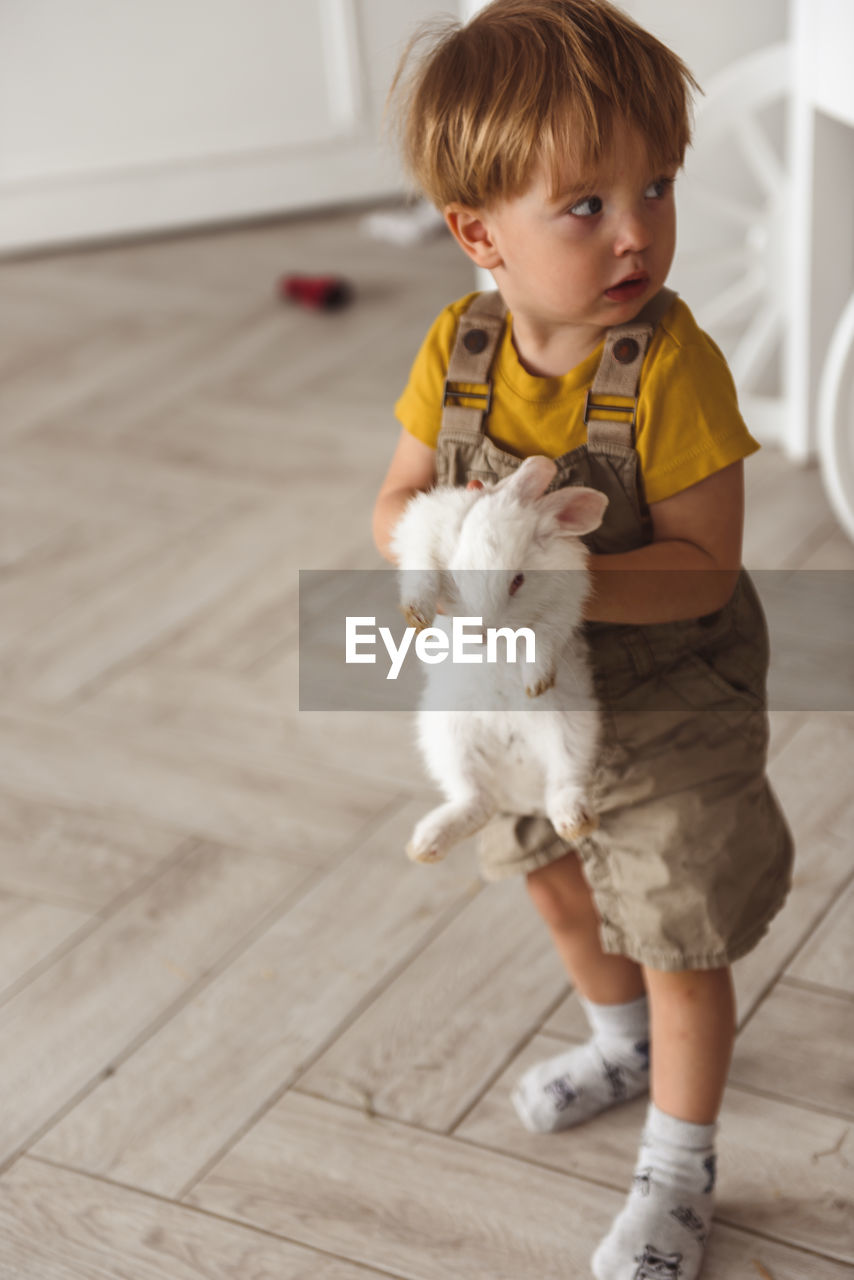 Boy playing with a rabbit for easter