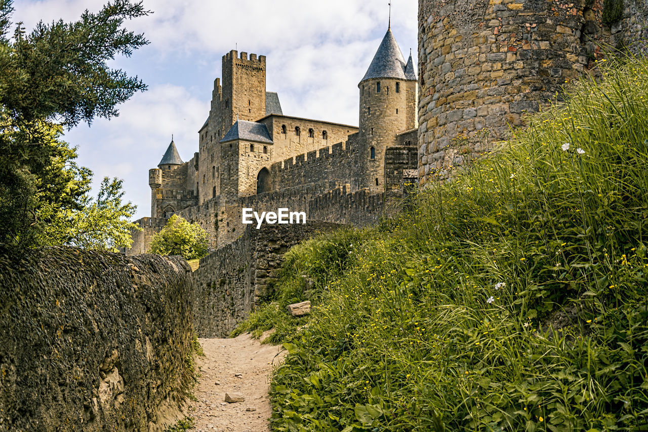 Low angle view of fortress wall -carcassonne, france.