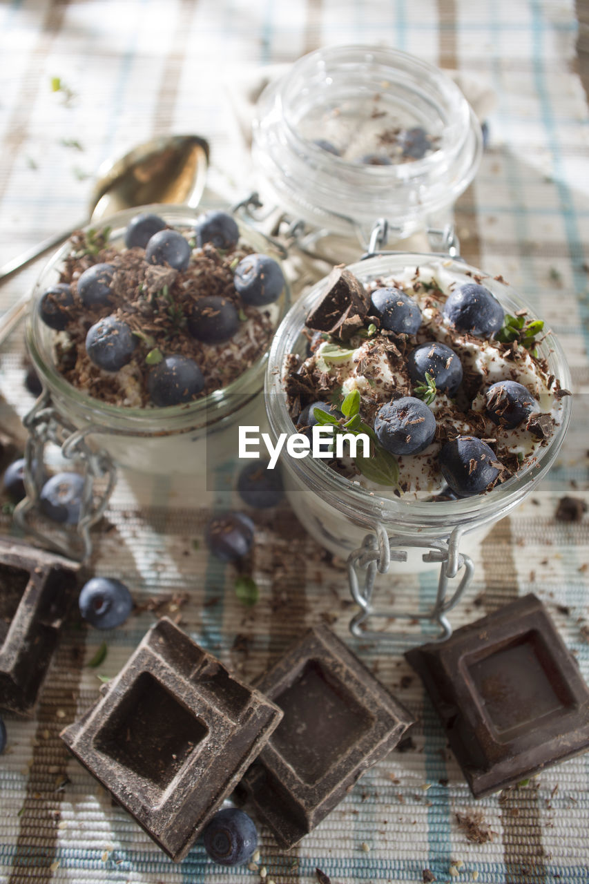 Close-up of desserts on table