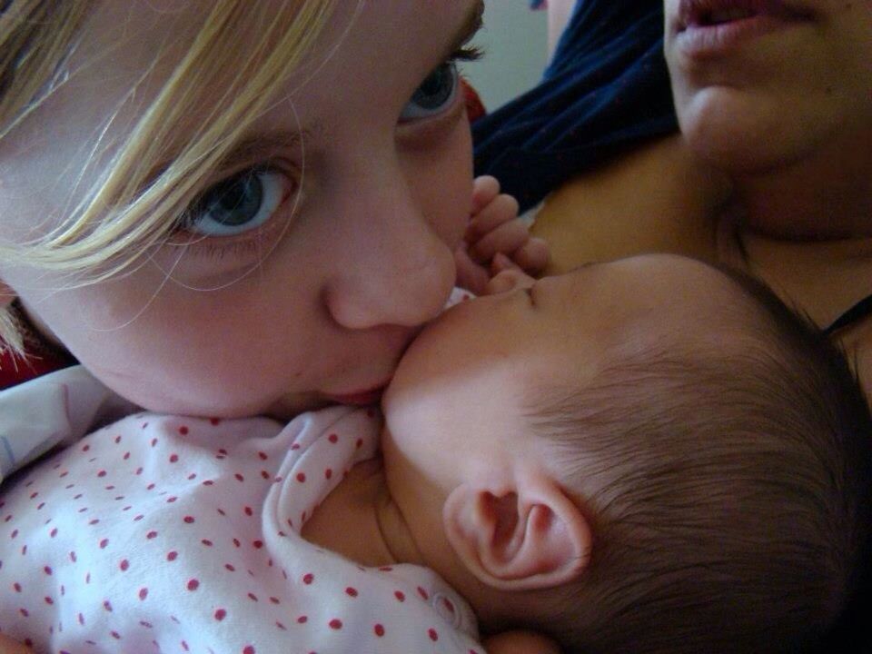 Close-up of girl kissing sister