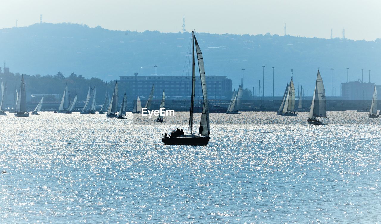 Sailboats sailing on sea against sky