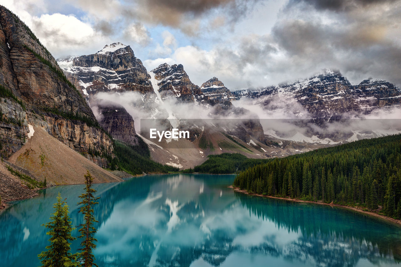 Panoramic view of lake and mountains against sky