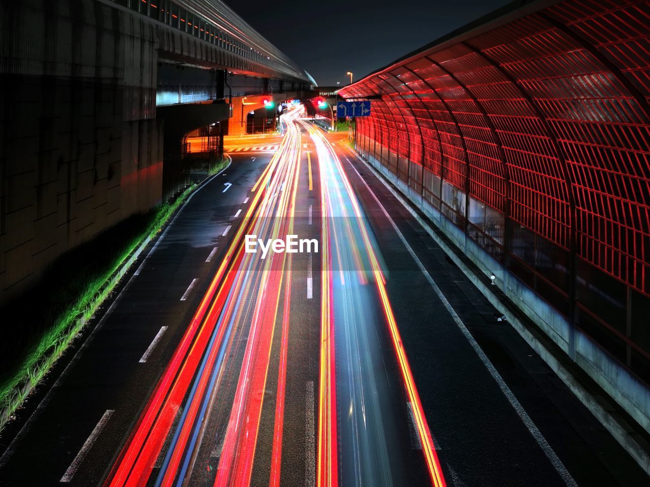 Light trails on road at night