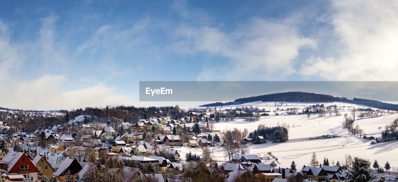 Panorama view Seiffen in Winter . Saxony Germany ore mountains Christmas Church Erzgebirge Frozen Panorama Winter Adventure Blue Sky Daylight Germany Ore Mountains Saxony Seiffen Snow Spielzeugdorf Village