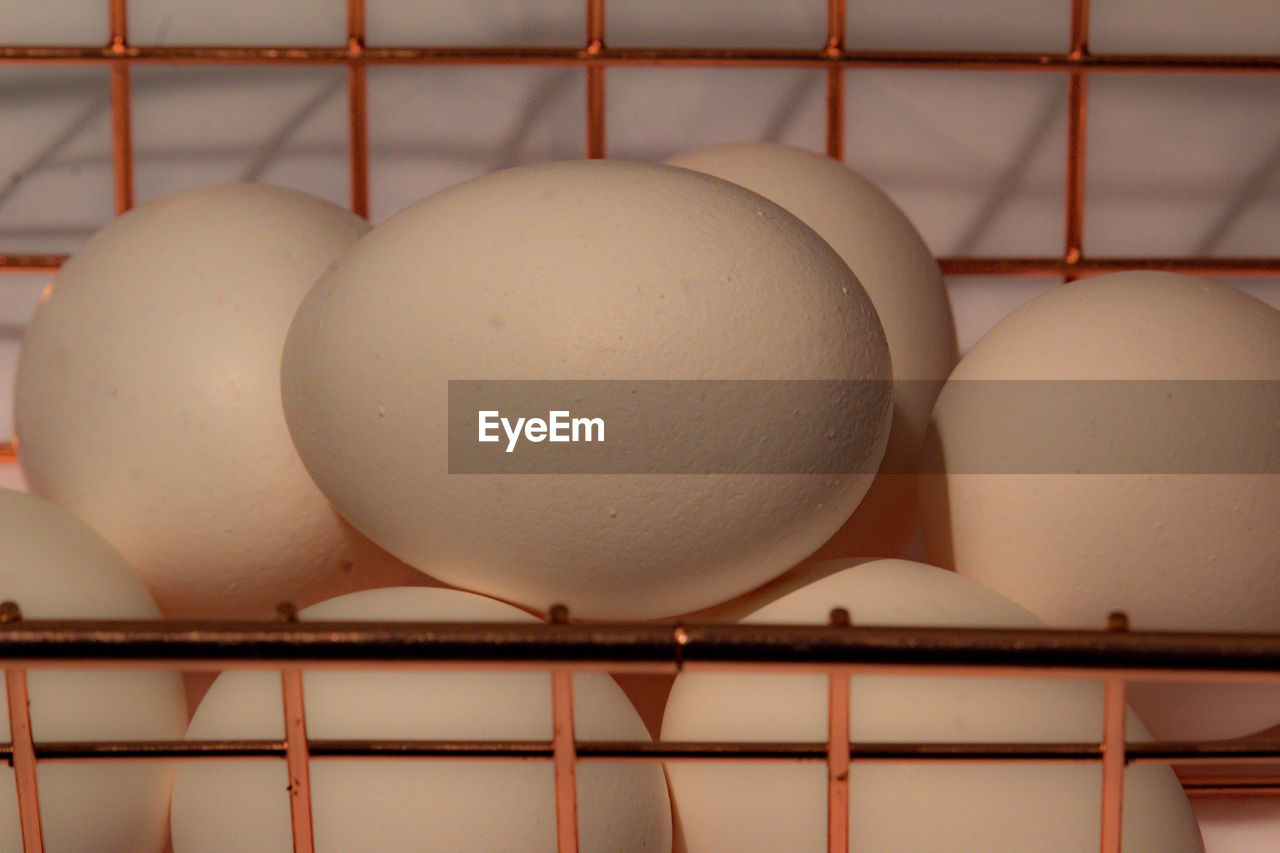 Close-up of white egg shells in copper basket  crate