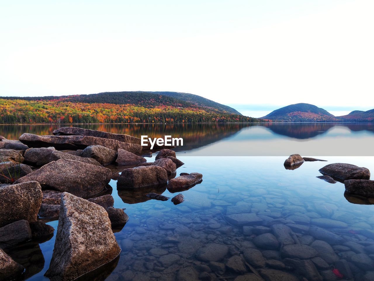 Rocks in lake against sky