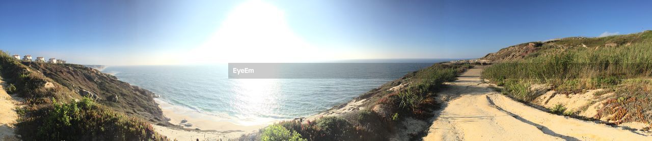 Panoramic view of sea against clear blue sky