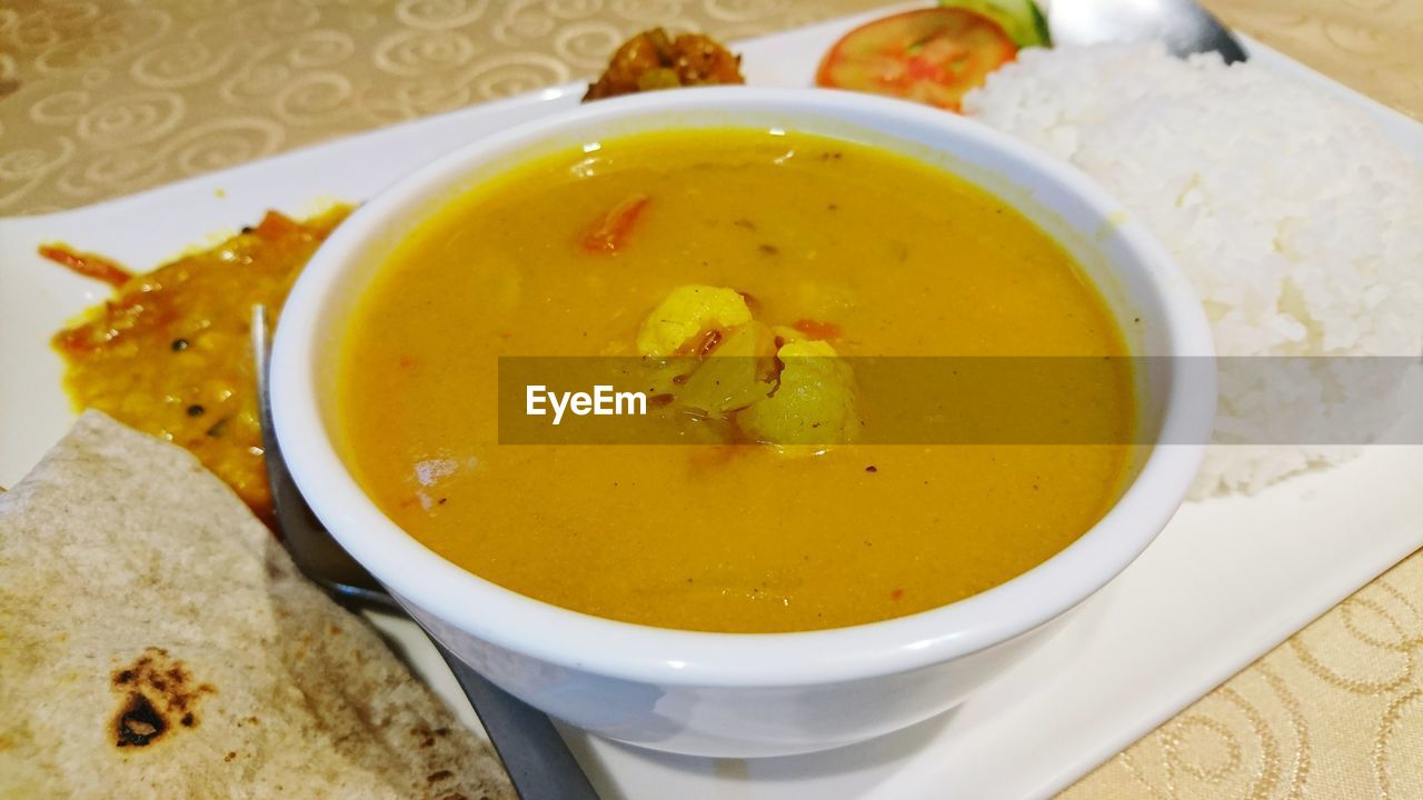 CLOSE-UP OF SOUP IN BOWL ON TABLE