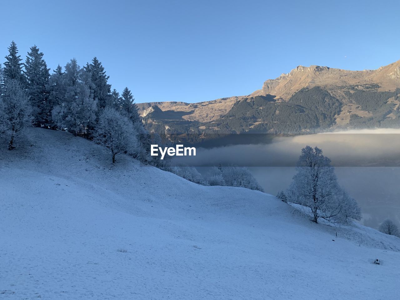 Scenic view of snowcapped mountains against clear blue sky