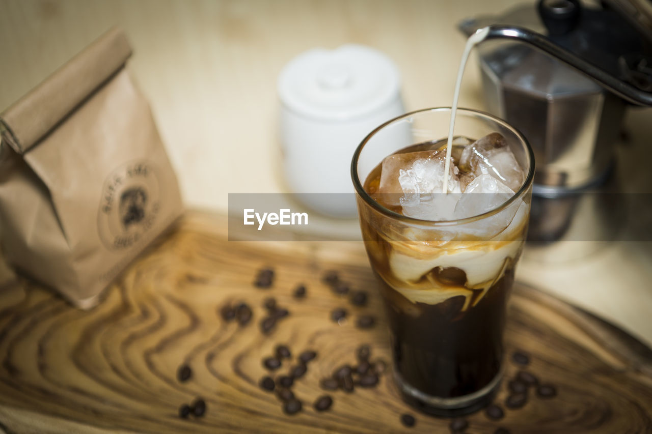 High angle view of coffee on table