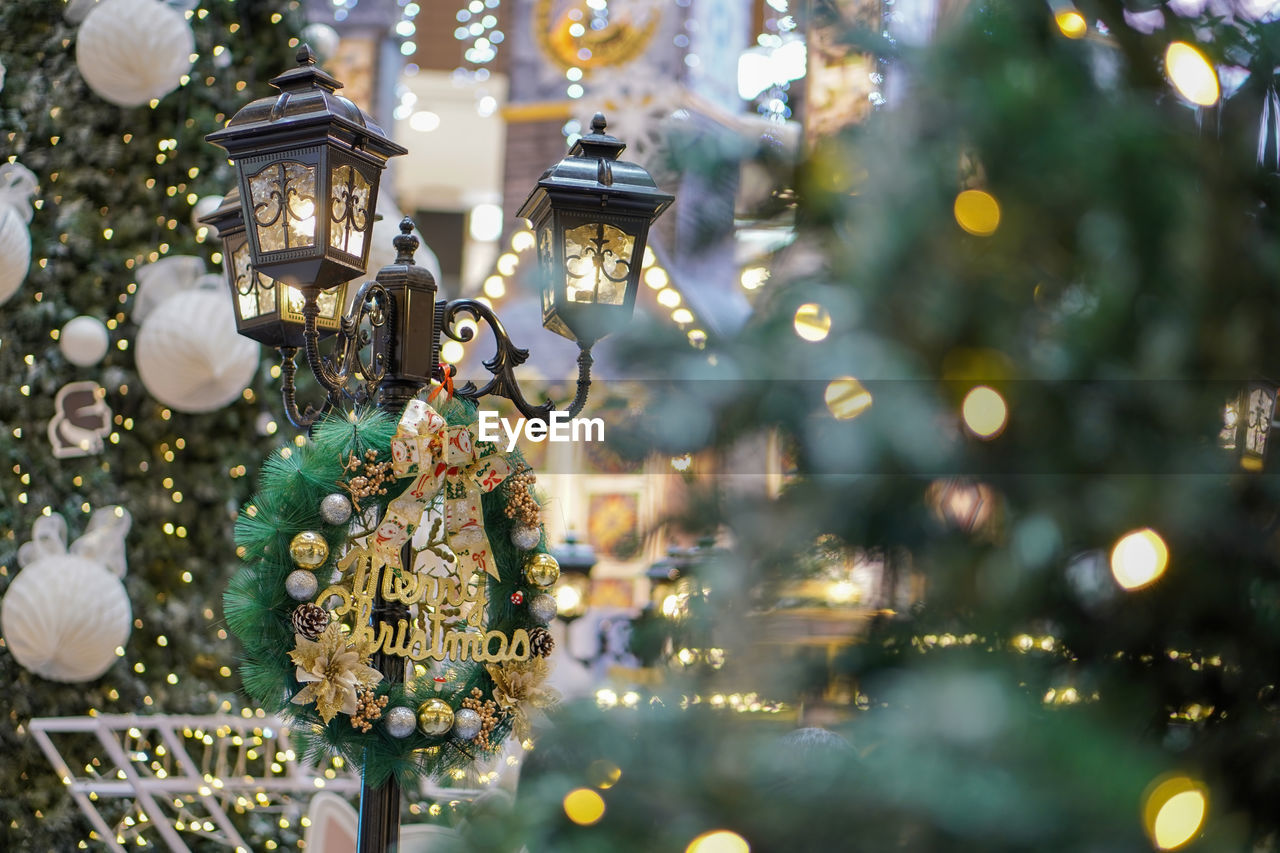 close-up of christmas decorations at night