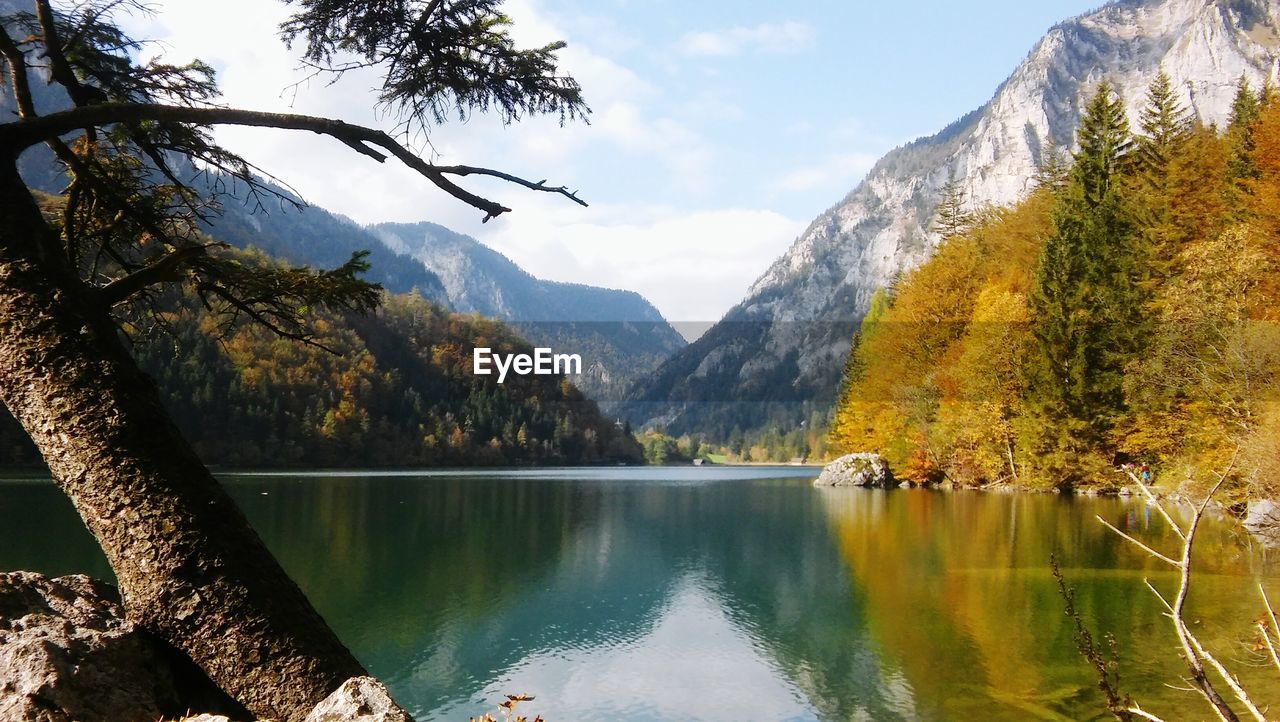 Scenic view of lake and mountains against sky