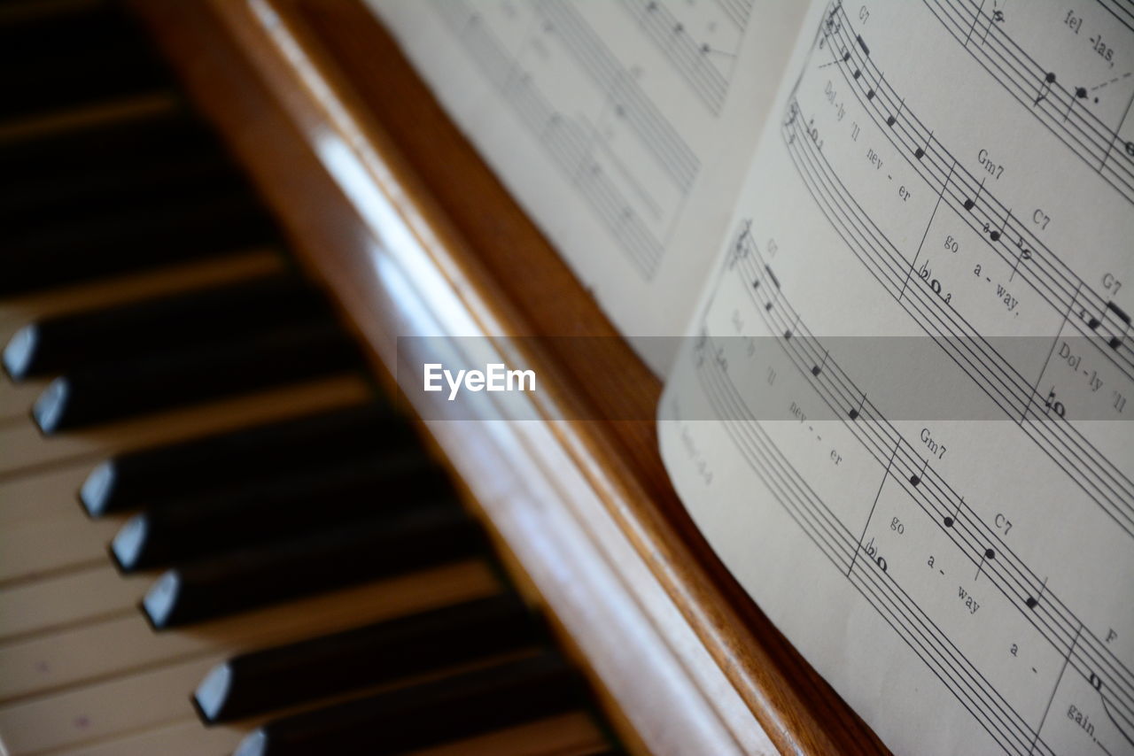 Close-up of sheet music on piano 