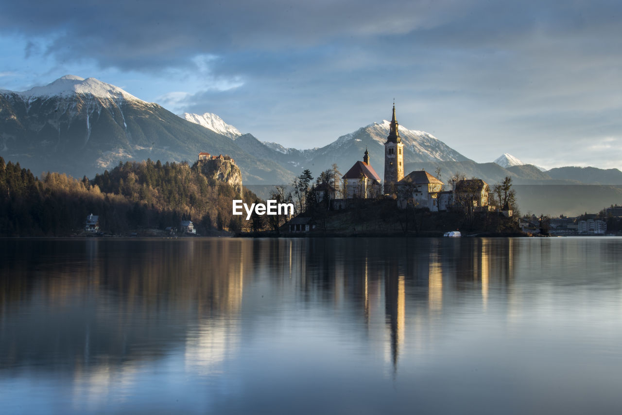 Reflection of st mary church on bled lake