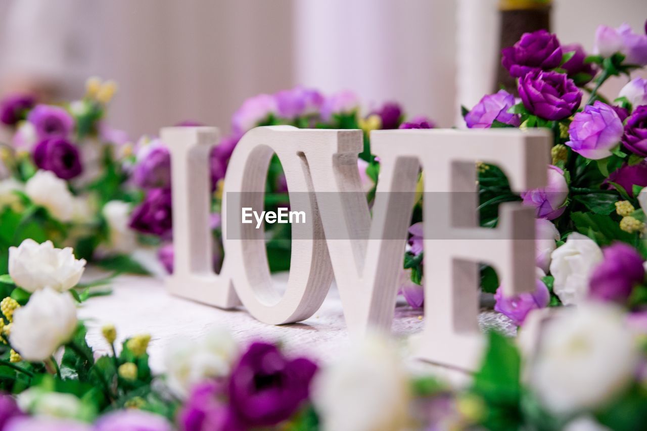 Close-up of love text blocks surrounded by purple roses on table